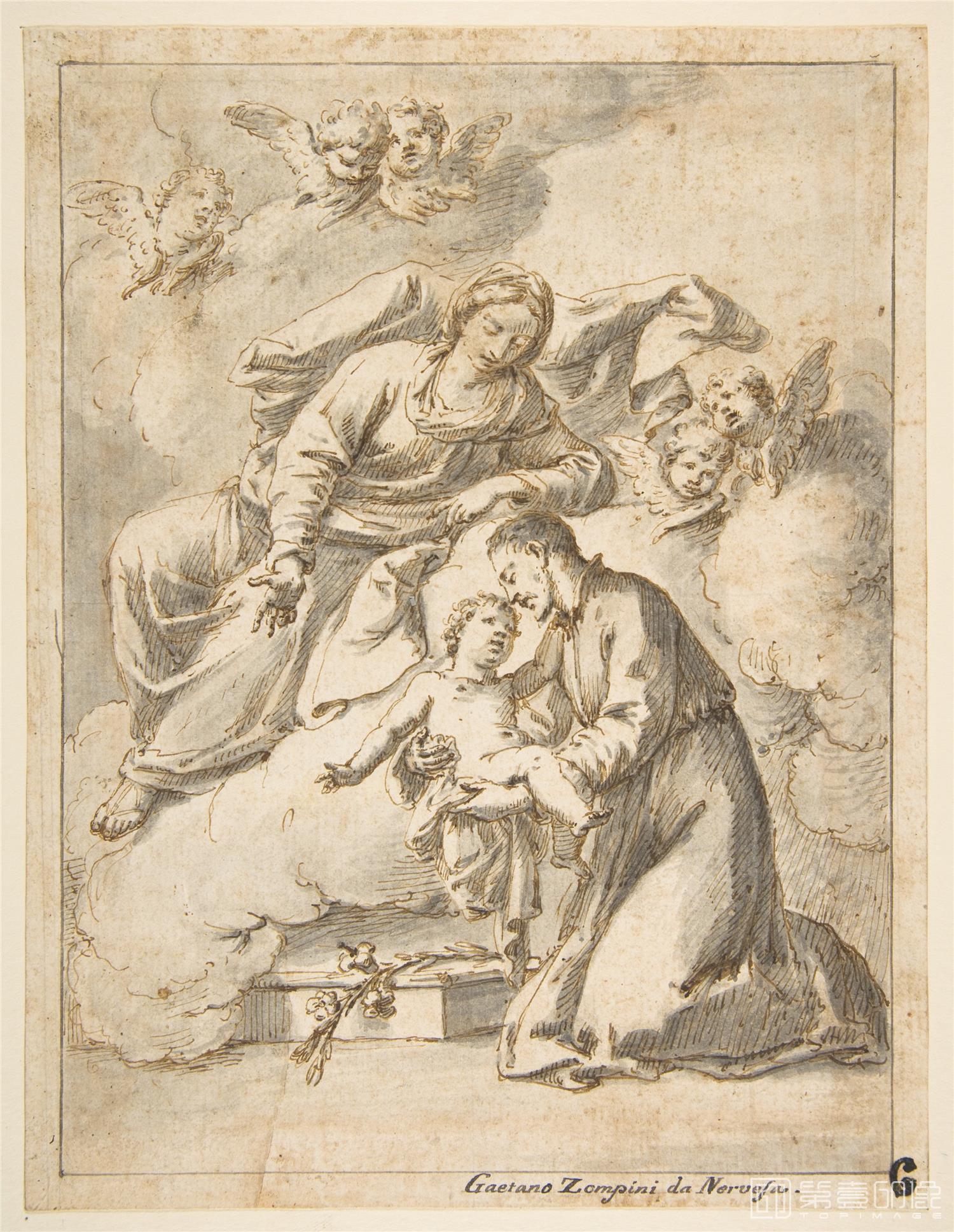 素描-美国纽约大都会美术馆素描藏画-Gaetano Gherardo ZompiniSaint Cajetan of Thiene Holding the Infant Jesus-0744